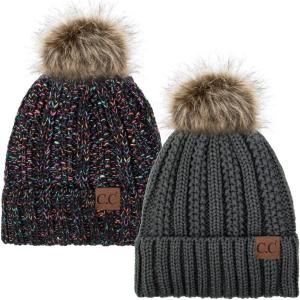 imageCC YJ820 Thick Cable Knit Hat Faux Fur Pom Fleece Lined Cap Cuff Beanie 2 PackDk Melange32 Black Mix