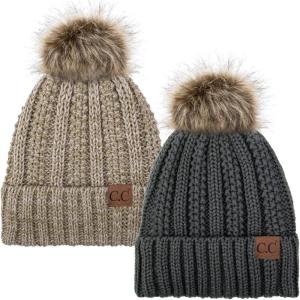 imageCC YJ820 Thick Cable Knit Hat Faux Fur Pom Fleece Lined Cap Cuff Beanie 2 PackDk Melange8 Taupe Mix