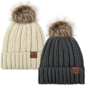 imageCC YJ820 Thick Cable Knit Hat Faux Fur Pom Fleece Lined Cap Cuff Beanie 2 PackDk MelangeBeige