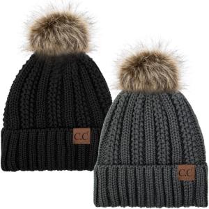imageCC YJ820 Thick Cable Knit Hat Faux Fur Pom Fleece Lined Cap Cuff Beanie 2 PackDk MelangeBlack