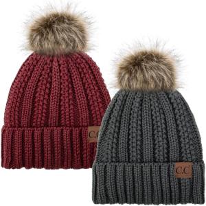 imageCC YJ820 Thick Cable Knit Hat Faux Fur Pom Fleece Lined Cap Cuff Beanie 2 PackDk MelangeBurgundy