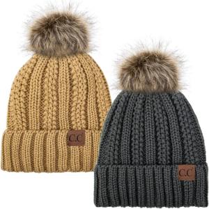 imageCC YJ820 Thick Cable Knit Hat Faux Fur Pom Fleece Lined Cap Cuff Beanie 2 PackDk MelangeCamel