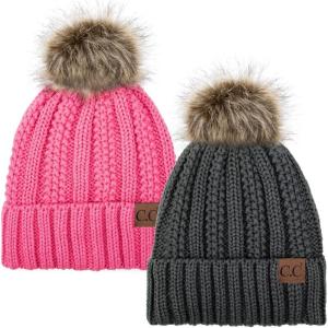 imageCC YJ820 Thick Cable Knit Hat Faux Fur Pom Fleece Lined Cap Cuff Beanie 2 PackDk MelangeCandy Pink