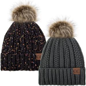 imageCC YJ820 Thick Cable Knit Hat Faux Fur Pom Fleece Lined Cap Cuff Beanie 2 PackDk MelangeConfetti Black