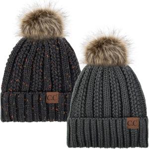 imageCC YJ820 Thick Cable Knit Hat Faux Fur Pom Fleece Lined Cap Cuff Beanie 2 PackDk MelangeConfetti Dk Melange