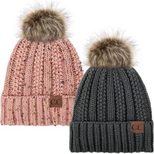 imageCC YJ820 Thick Cable Knit Hat Faux Fur Pom Fleece Lined Cap Cuff Beanie 2 PackDk MelangeConfetti Indi Pink