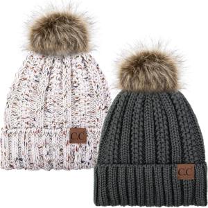 imageCC YJ820 Thick Cable Knit Hat Faux Fur Pom Fleece Lined Cap Cuff Beanie 2 PackDk MelangeConfetti Ivory