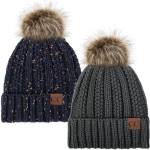 imageCC YJ820 Thick Cable Knit Hat Faux Fur Pom Fleece Lined Cap Cuff Beanie 2 PackDk MelangeConfetti Navy