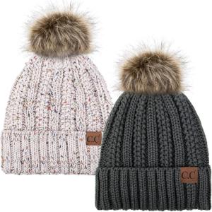 imageCC YJ820 Thick Cable Knit Hat Faux Fur Pom Fleece Lined Cap Cuff Beanie 2 PackDk MelangeConfetti Oatmeal
