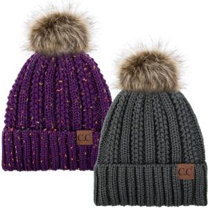 imageCC YJ820 Thick Cable Knit Hat Faux Fur Pom Fleece Lined Cap Cuff Beanie 2 PackDk MelangeConfetti Purple
