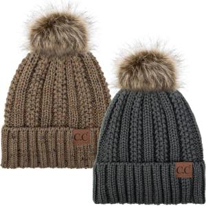 imageCC YJ820 Thick Cable Knit Hat Faux Fur Pom Fleece Lined Cap Cuff Beanie 2 PackDk MelangeConfetti Taupe