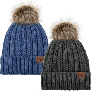 imageCC YJ820 Thick Cable Knit Hat Faux Fur Pom Fleece Lined Cap Cuff Beanie 2 PackDk MelangeDk Denim