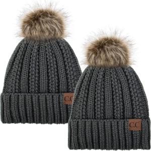 imageCC YJ820 Thick Cable Knit Hat Faux Fur Pom Fleece Lined Cap Cuff Beanie 2 PackDk MelangeDk Melange