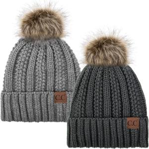 imageCC YJ820 Thick Cable Knit Hat Faux Fur Pom Fleece Lined Cap Cuff Beanie 2 PackDk MelangeLt Melange