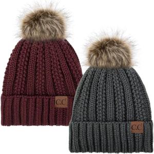 imageCC YJ820 Thick Cable Knit Hat Faux Fur Pom Fleece Lined Cap Cuff Beanie 2 PackDk MelangeMaroon