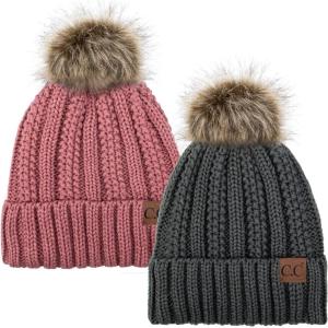 imageCC YJ820 Thick Cable Knit Hat Faux Fur Pom Fleece Lined Cap Cuff Beanie 2 PackDk MelangeMauve