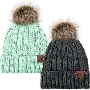 imageCC YJ820 Thick Cable Knit Hat Faux Fur Pom Fleece Lined Cap Cuff Beanie 2 PackDk MelangeMint