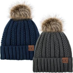 imageCC YJ820 Thick Cable Knit Hat Faux Fur Pom Fleece Lined Cap Cuff Beanie 2 PackDk MelangeNavy