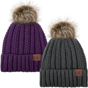 imageCC YJ820 Thick Cable Knit Hat Faux Fur Pom Fleece Lined Cap Cuff Beanie 2 PackDk MelangePurple
