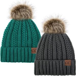 imageCC YJ820 Thick Cable Knit Hat Faux Fur Pom Fleece Lined Cap Cuff Beanie 2 PackDk MelangeSea Green