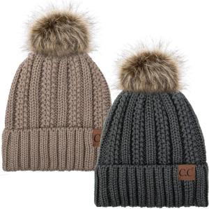 imageCC YJ820 Thick Cable Knit Hat Faux Fur Pom Fleece Lined Cap Cuff Beanie 2 PackDk MelangeTaupe