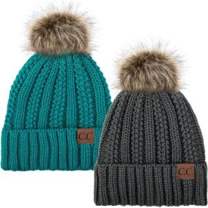 imageCC YJ820 Thick Cable Knit Hat Faux Fur Pom Fleece Lined Cap Cuff Beanie 2 PackDk MelangeTeal