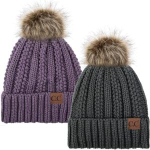 imageCC YJ820 Thick Cable Knit Hat Faux Fur Pom Fleece Lined Cap Cuff Beanie 2 PackDk MelangeViolet