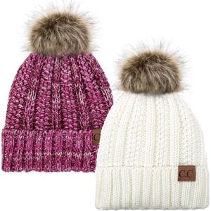 imageCC YJ820 Thick Cable Knit Hat Faux Fur Pom Fleece Lined Cap Cuff Beanie 2 PackIvory1 Hot Pink Mix