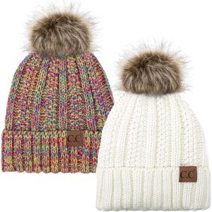 imageCC YJ820 Thick Cable Knit Hat Faux Fur Pom Fleece Lined Cap Cuff Beanie 2 PackIvory11 Rainbow Mix