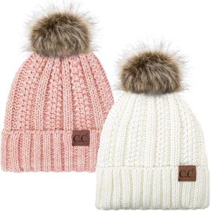 imageCC YJ820 Thick Cable Knit Hat Faux Fur Pom Fleece Lined Cap Cuff Beanie 2 PackIvory2 Rose Mix
