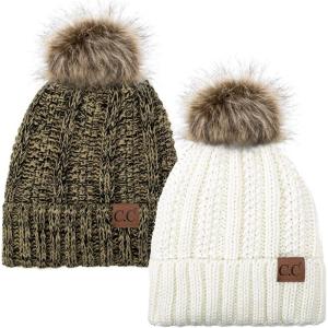imageCC YJ820 Thick Cable Knit Hat Faux Fur Pom Fleece Lined Cap Cuff Beanie 2 PackIvory22 Black Beige Mix