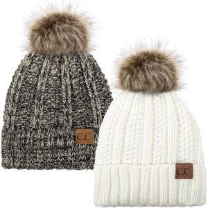 imageCC YJ820 Thick Cable Knit Hat Faux Fur Pom Fleece Lined Cap Cuff Beanie 2 PackIvory31 Grey Beige Mix
