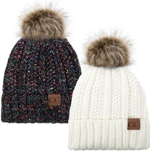 imageCC YJ820 Thick Cable Knit Hat Faux Fur Pom Fleece Lined Cap Cuff Beanie 2 PackIvory32 Black Mix