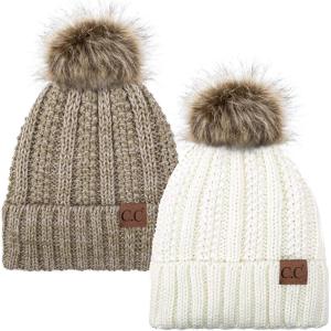 imageCC YJ820 Thick Cable Knit Hat Faux Fur Pom Fleece Lined Cap Cuff Beanie 2 PackIvory8 Taupe Mix
