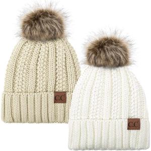 imageCC YJ820 Thick Cable Knit Hat Faux Fur Pom Fleece Lined Cap Cuff Beanie 2 PackIvoryBeige