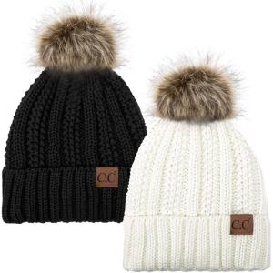 imageCC YJ820 Thick Cable Knit Hat Faux Fur Pom Fleece Lined Cap Cuff Beanie 2 PackIvoryBlack