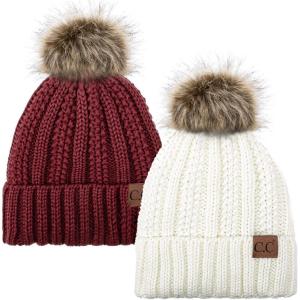 imageCC YJ820 Thick Cable Knit Hat Faux Fur Pom Fleece Lined Cap Cuff Beanie 2 PackIvoryBurgundy