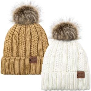 imageCC YJ820 Thick Cable Knit Hat Faux Fur Pom Fleece Lined Cap Cuff Beanie 2 PackIvoryCamel