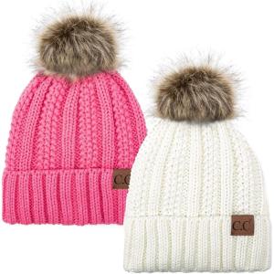 imageCC YJ820 Thick Cable Knit Hat Faux Fur Pom Fleece Lined Cap Cuff Beanie 2 PackIvoryCandy Pink