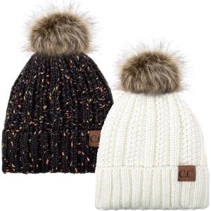 imageCC YJ820 Thick Cable Knit Hat Faux Fur Pom Fleece Lined Cap Cuff Beanie 2 PackIvoryConfetti Black