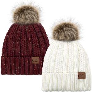imageCC YJ820 Thick Cable Knit Hat Faux Fur Pom Fleece Lined Cap Cuff Beanie 2 PackIvoryConfetti Burgundy
