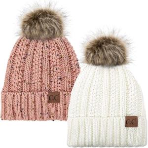 imageCC YJ820 Thick Cable Knit Hat Faux Fur Pom Fleece Lined Cap Cuff Beanie 2 PackIvoryConfetti Indi Pink