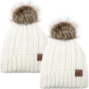 imageCC YJ820 Thick Cable Knit Hat Faux Fur Pom Fleece Lined Cap Cuff Beanie 2 PackIvoryIvory