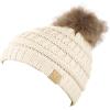 imageCC Childrens Kids Soft Stretch Cable Knit Faux Fur Pom Beanie HatIvory