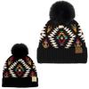 imageCC Mom and Baby Fur Pom Winter Fall Trendy Chunky Stretchy Cable Knit Beanie Hat SetAztec Black