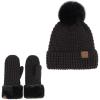 imageCC Women Waffle Knit Fuzzy Sherpa Lined Pom Beanie ampamp Mitten Winter Gloves SetBlack