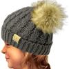 imageKids Ages 25 Pompom Chunky Thick Stretchy Knit Slouch Beanie Cap Hat Double Pom Natural Fur Solid Dk Melange Gray