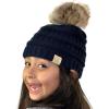 imageCC Childrens Kids Soft Stretch Cable Knit Faux Fur Pom Beanie HatNavy