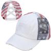 imageCC Womens CrissCross Ponytail Baseball Cap  Embroidered Cotton Front American Flag Mesh Back Adjustable VelcroWhite