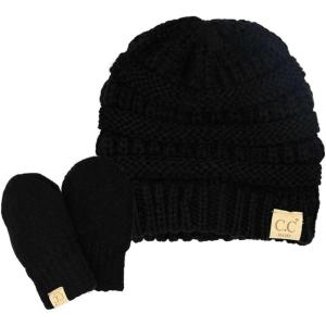 imageCC Babies Winter Cable Knit Beanie and Fuzzy Lined Mitten Set Black